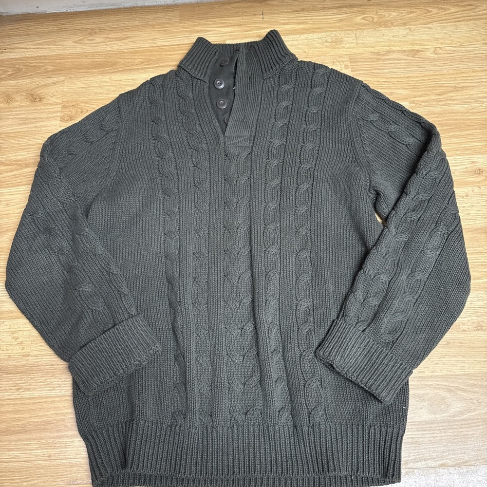 Eddie Bauer Cable Knit Chunky Henley Sweater Green Cotton Outdoors XL‎ Tall